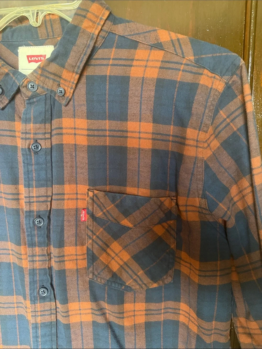 Levi's Men's Navy and Brown Plaid Button-Down Shirt with Chest Pocket